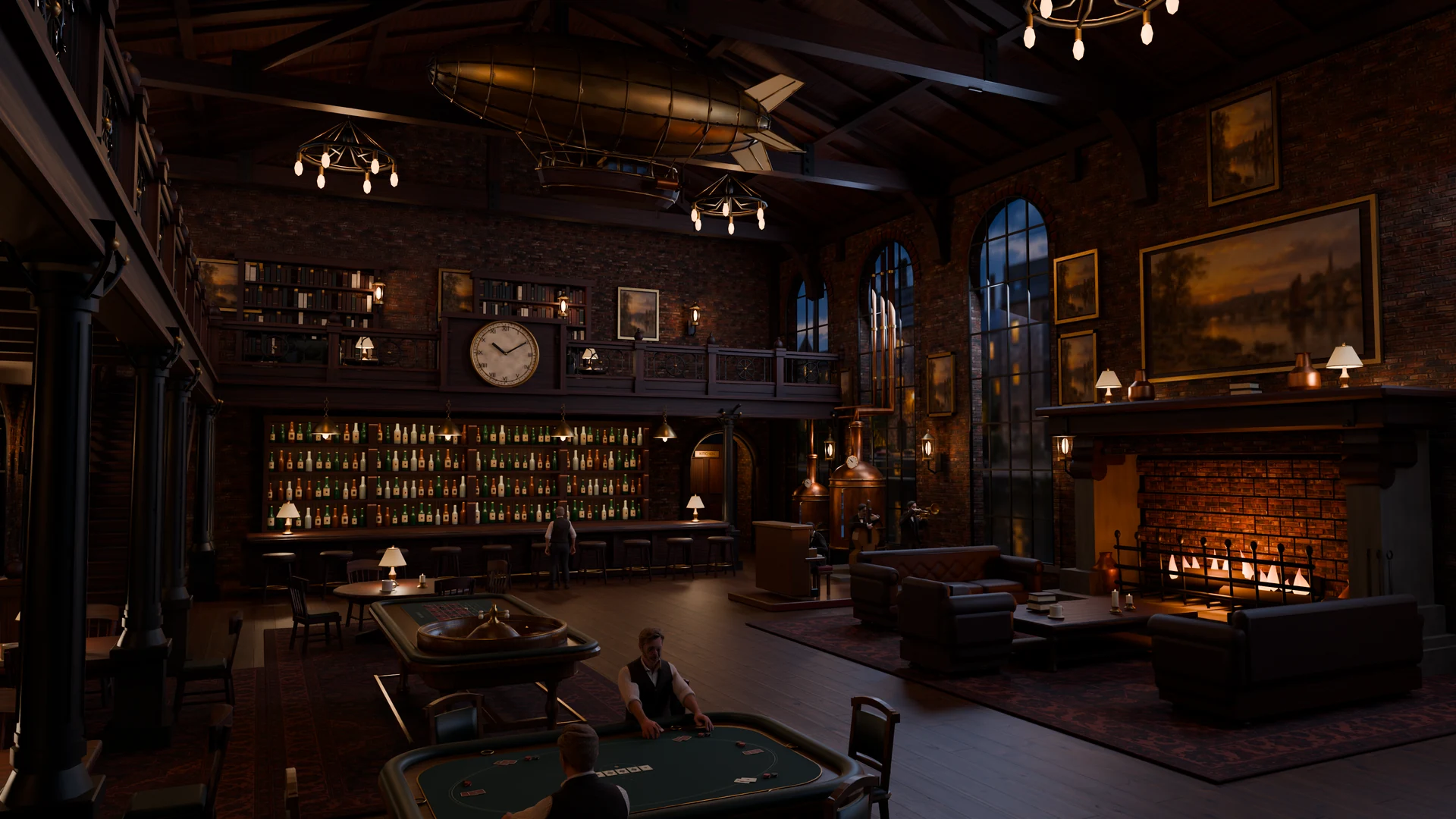 The Aeronaut’s warmly lit pub, with games tables, a fireplace and a hanging airship.
