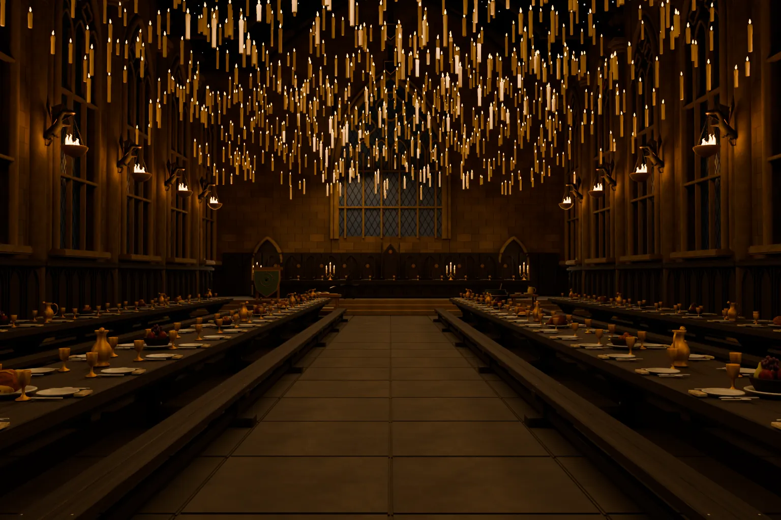 A grand stone hall with long dining tables, floating candles and tall arched windows.